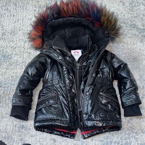 Appaman Shiny Black Warm Puffer Coat w/ Rainbow Fur Trim 2T